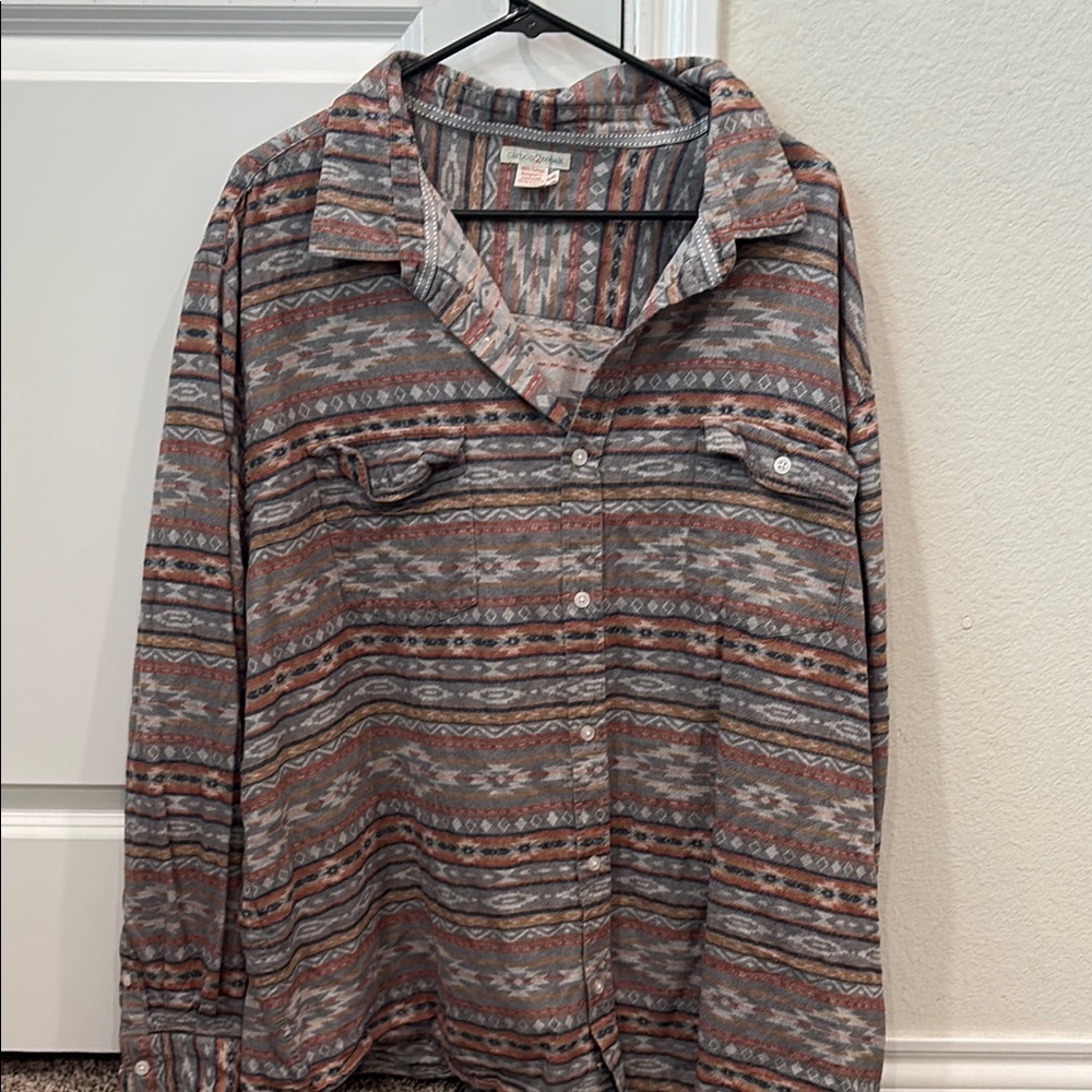 Gray and Brown Casual Button Down Shirt with Southwestern Pattern